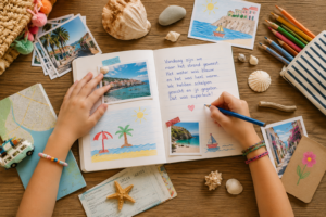 Kind schrijft een vakantieverhaal in het Nederlands met foto’s en herinneringen op tafel