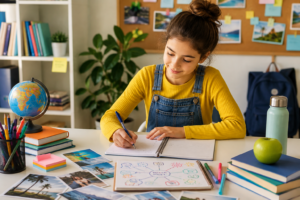 Leerling werkt zelfstandig aan duidelijke leerdoelen in een digitale leeromgeving voor Nederlands onderwijs op afstand.