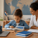 Kind oefent Nederlands als tweede taal met online lesmateriaal in het buitenland.
