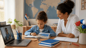 Kind oefent Nederlands als tweede taal met online lesmateriaal in het buitenland.